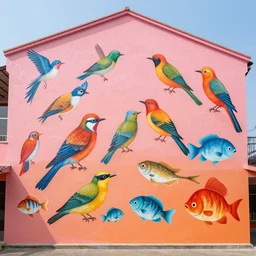 a huge mural in pink and orange, showing many colorful birds and exuberant fish mixing and blending, urban Street art by refreshink, l7m, pantone