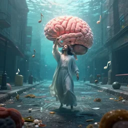 god singing into a brain underwater street view, music notes, random objects, unreal engine