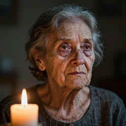 3 d wireframe a close up portrait of one lonely old underweight lady, full colour, hyper realistic photo, candle light, dramatic lighting, chiaroscuro, shallow depth of field, upscale, 8 k, masterpiece,
