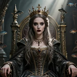 highly detailed closeup portrait of a goth medieval princess wearing a crown and sitting on a throne, nicoletta ceccoli, mark ryden, earl norem, lostfish, global illumination, god rays, detailed and intricate environment