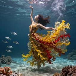 woman dancing underwater wearing a long flowing dress made of many translucent layers of gold and red lace seaweed, bolts of bright yellow fish, delicate coral sea bottom, swirling silver fish, swirling smoke shapes, unreal engine, caustics lighting from above, cinematic, hyperdetailed
