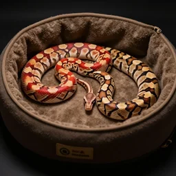 a red blood python and a ball python in a dog bed