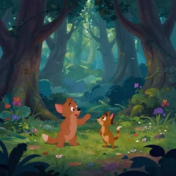 Movie frame from the coloured Disney animated motion picture released in 1946, beautiful enchanted forest full of