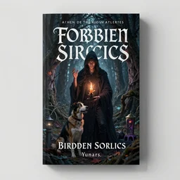 novel book cover, man and dog casting forbidden sorceries