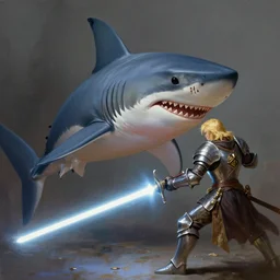 greg manchess oil matte painting, anthropomorphic thresher shark with a lightsaber fighting a blond knight, fantasy, wonderful masterpiece highly detailed, scifi, beautiful cinematic light deep focus, elegant, digital painting, smooth, sharp focus, golden ratio, dramatic illumination, ultra realistic, 4 k, art by greg rutkowski wlop rossdraws