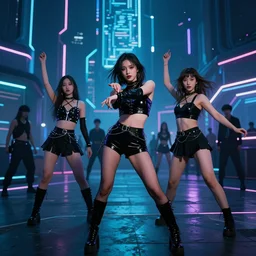 tripped out dancers at a rave in a cyberpunk future