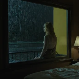 Elle Fanning looking out the window of her hotel bedroom, dark, occult, rainy night, somber lighting, by Edward Hopper
