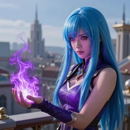 rimuru tempest from tensura holding purple fire in her palm, overlooking piltover, straight hair, sky blue hair, long bangs, award winning photography, cinematic, digital painting, cinematic, wlop, 8 k, by ross tran, tom bagshaw