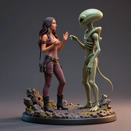 80mm resin miniature of Megan Fox talking with a Alien; Photo.