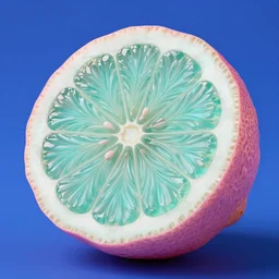 photo of a pink lemon with turquoise pulp, on a cobalt background, photorealistic, realistic, detailed, hyperrealistic, high quality, high resolution, 8 k, hdr, 4 k, hdr, 1 6 k, lossless quality