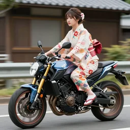 full - length photo, young woman, riding a motorcycle, wearing japanese kimono, high heels, 4 k, colourful