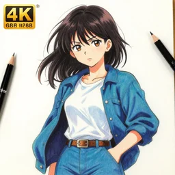 drawn anime woman in thrifty clothing, very silly, very anime, trending artwork, 4 k, vibrant and dynamic