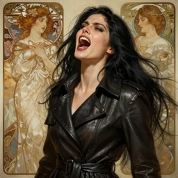 portrait of a long black haired woman screaming in the style of mass effect, eyes open, singing, leather trench coat, intricate, elegant, highly detailed, digital painting, artstation, concept art, smooth, sharp focus, illustration, art by artgerm and greg rutkowski and alphonse mucha, 8 k