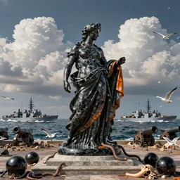 portrait, oceanic naval battles, architectural, colossal, cannonballs, war, seagulls, famine, death, wide angle, puffy clouds, skies behind, stars in sky, italian masterpiece, Ashford Black Marble, sculpture, baroque, draped with water and spines, drapes, ocher details, still life, Obsidian, portrait, worms, render, artstation, ultra detailed