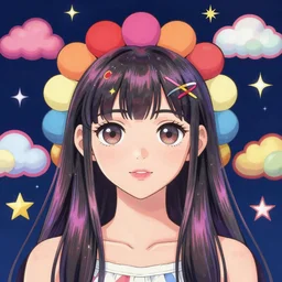 a frontal drawing of a beautiful young girl centered with a dark blue background and colorful clouds with stars by takashi murakami, beeple and james jean, aya takano color style, trippy, 8 k, super detailed, night sky, digital art, digital painting, clean