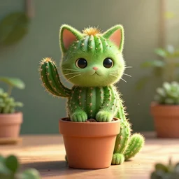 surreal, cactus kitten, cute kitten green face, green veggie sitting kitten with spikes, shaped as cactus, in a pot, on the table, herbology, hd photography, coherent, intricate, blender, concept art, radiant light