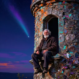 portrait of an old man sitting in a stone watchtower next to a window, night sky through window, polaris, the north star, psychedelic glitchcore simulated reality colorful orange purple cyan 8 k trending on artstation artgerm ultra detailed cluttered frank frazetta andrei riabovitchev hieronymus bosch greg rutkowski,
