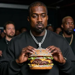 Kanye West wears a diamond encrusted cheeseburger on a chain to Rowley Regis fashion week, movie still, cinematic lighting, dramatic, octane render, long lens, shallow depth of field, 8k, hyper detailed