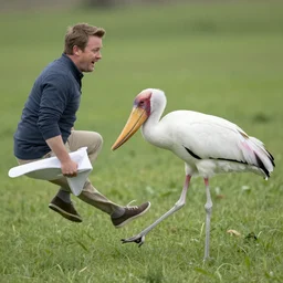 shoebill stork chasing james corden, realistic,
