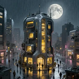 small building, city, street view, science fiction, cyberpunk, rain day, wide angle, full of people, moon, a lot of yellow lights, cinematic lighting, high detail, digital painting, concept art, illustration, smooth, sharp focus, trending on artstation, trending on deviantart, 4 k