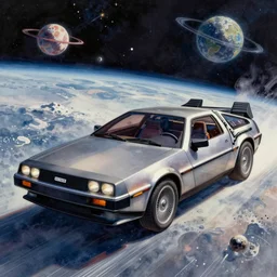 gouache watercolor illustration of a delorean in space, dreamy aesthetic, highly detailed, octane render, unreal engine 5, trending on artstation, beautiful concept art, volumetric lighting, by syd mead and beeple 8 k