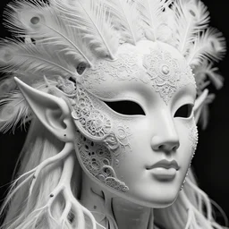 bw close - up voodoo mask, beautiful porcelain intricate bio - mechanical vegetal - cyborg, white metallic armour, white peacock feathers, roots, fine mandelbrot fractal lace, 1 5 0 mm, soft rim light, elegant, hyper real, ultra detailed, octane render, hg giger, 1 6 k