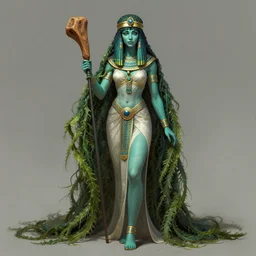 beautiful sorceress female with teal colored skin, full body shot, long hair made of seaweed, egyptian clothing, with a wooden stuff, d & d, fantasy, hunterintricate, elegant, highly detailed, digital painting, artstation, concept art, matte, sharp focus, illustration, hearthstone, art by artgerm and greg rutkowski and alphonse mucha