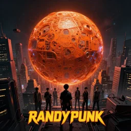movie poster for randypunk, intricate, orange sphere overlooking city, street gang, dramatic lighting, cyberpunk city, epic composition, bladerunner, tatsuki fujimoto