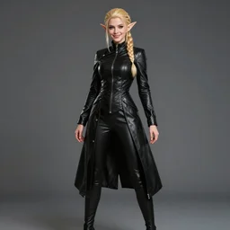 full body portrait of beautiful elf, skintight jet black leahter coat, black leggins, blond braided ponytail haircut, happy, high fantasy, extemely detailed, dnd, smooth, sharp focus, art nouveau, by artgerm, sakimichan, rossdraws