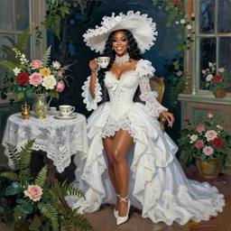 happy very thick paint brush strokes paint texture full body fashion model cardi b by Jeremy Lipking by Hasui Kawase by Richard Schmid (((smokey eyes makeup eye shadow fantasy, glow, shimmer as victorian woman in a long white frilly lace dress and a large white hat having tea in a sunroom filled with flowers, roses and lush fern flowers ,intricate, night, highly detailed, dramatic lighting))) , high quality