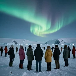 a hyper detailed movie like atmospheric creepy film photograph of a crowd of people in 1982 looking at the northern lights standing on a desolate antarctica snow field