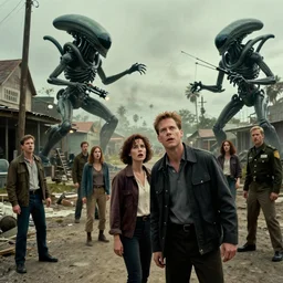 color! cinematic still from 2 0 1 1 hollywood action!! scifi! blockbuster. dark fantasy. frightened casually - dressed citizens in a dirty seaside town. a globster. grappling!!! hybridizing! alien - robot invasion. alien military vehicles and weapons. dana scully with fox mulder ( in military uniforms ).