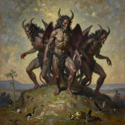 a painting of demons on a hill by Jovana Rikalo, by roberto ferri, by austin osman spare, a delicate oilpainting, highly ornamental