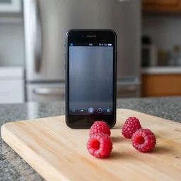 mobile photo of few raspberries lie on a cutting board on the table, refrigerator background, android cameraphone, 2 6 mm
