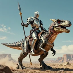 a cybernetic knight holding a lance, riding a cyborg raptor, sci fi, retro, film still, 8k, alexa65