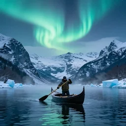 A man paddling a gondola in middle of a lake, surrounded by icy mountains with northern lights glistening in the sky, vaporwave aesthetic