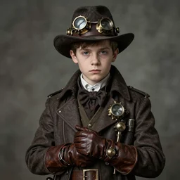 by Jean-Baptiste Monge !!!!!!!!!!!!!!!!!!!!!!!!!!!!!!!!!!!!! (((((((((((((portrait of boy dressed as steampunk detective wearing leather gloves . muted colors.)))))))))))))