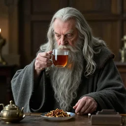 Gandalf, the gray, is drinking a tea with Tolkien, award winning photo