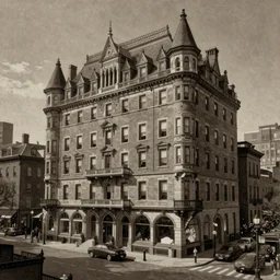 sepia painting of a 1 9 2 0 s neo - gothic style hotel in downtown boston, overlooking a dark street, architectural, atmospheric lighting, brooding, painted, intricate, ultra detailed, well composed, best on artstation, cgsociety, epic, horror, stunning, gorgeous, intricate detail, much wow, masterpiece, cinematic aesthetic octane render, 8 k hd resolution,