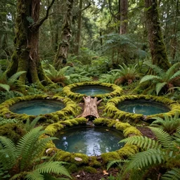 3 0 round pools of water in a forest, the wood between the worlds, narnia, cs lewis, lush green forest, moss and ferns, ferns,