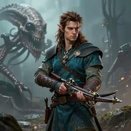 An epic fantastic realism comic book style portrait painting of an Arrogant half elf ranger with shaggy brown hair and a teal tunic holding a magical crossbow, dead kraken in background, epic, 4k 8k, D&D Concept Art, unreal 5, DAZ, hyperrealistic, octane render, cosplay, RPG portrait, dynamic lighting