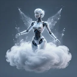 beautiful cyborg turns into a quantum cloud