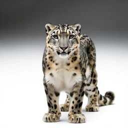 elderly snow leopard, studio photography, full body, isolated on a pure white background, centered, entire subject in frame, sharp focus, soft studio lighting