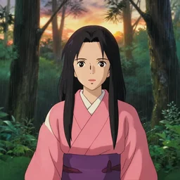 portrait bust of woman front facing, dense forest, long black hair, pink kimono, heavy rain, backlit, princess mononoke, 4 k, greg rutkowski, shallow depth of field, dramatic lighting, sunset, hayao miyazaki, masashi ando, nizou yamamoto, kazuo oga, joe hisaishi, yoji takeshige, naoya tanaka