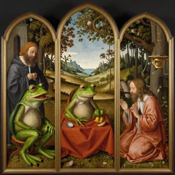 A three panels altarpiece with nativity of Pepe le Frog by Beeple and Hieronymus Bosch, renaissance style, oil painting