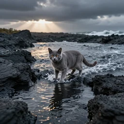 A grey cat surfing on a lava lake