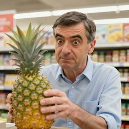rowan atkinson as mr. beans stealing a pineapple from target store, focused face, realistic photo, uhd