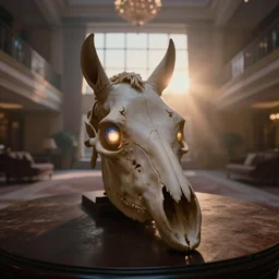 photorealistic wide angle close up shot cinematography of a photoreal scientifically accurate horse skull with glowing eyes in a twilight zone episode eyes shot on film at magic hour with the sun shining into a large 6 0's hotel lobby room filled with volumetric haze by the shining cinematographer john alcott on a cooke panchro 6 5 mm macro lens.