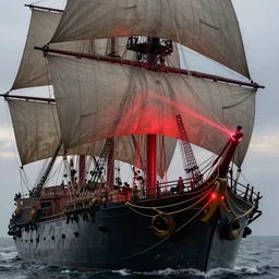a red bend laserlight from deck of an old warship with sails, unreal engine, octane render, style of midjourney, highly detailed, elegant, digital illustration, detailed, intricate, sharp focus, digital painting, deep focus, artstation, art by artgerm and greg rutkowski