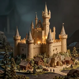 Paper diorama of Santa\'s Workshop, castle, mystical lights, octane render, cinematic lighting, epic, style of John Howe, Tolkien